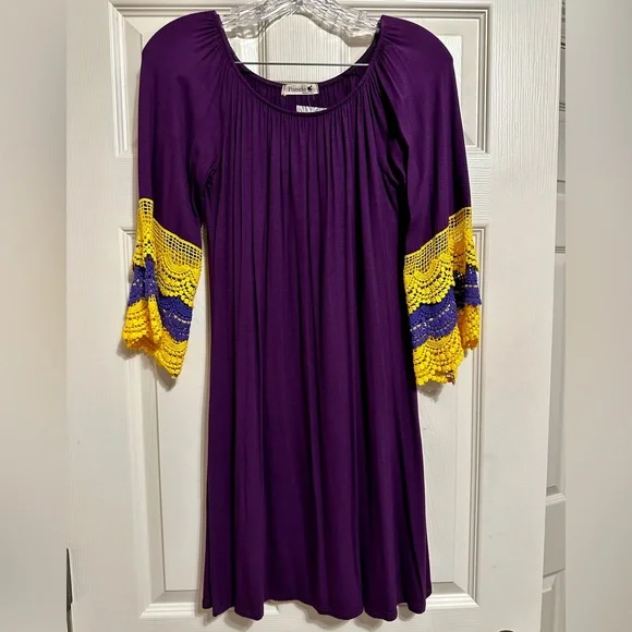 Trendy Boutique Dresses | LSU Dress with Crochet Sleeves | Color: Gold/Purple | Size: S | Crystalmo's Closet